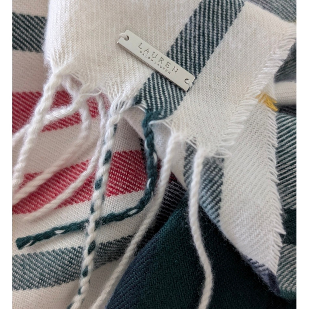 Ralph Lauren Plaid Scarf Cream Navy Green Red Yellow Fringe 72"x30"‎ Wrap